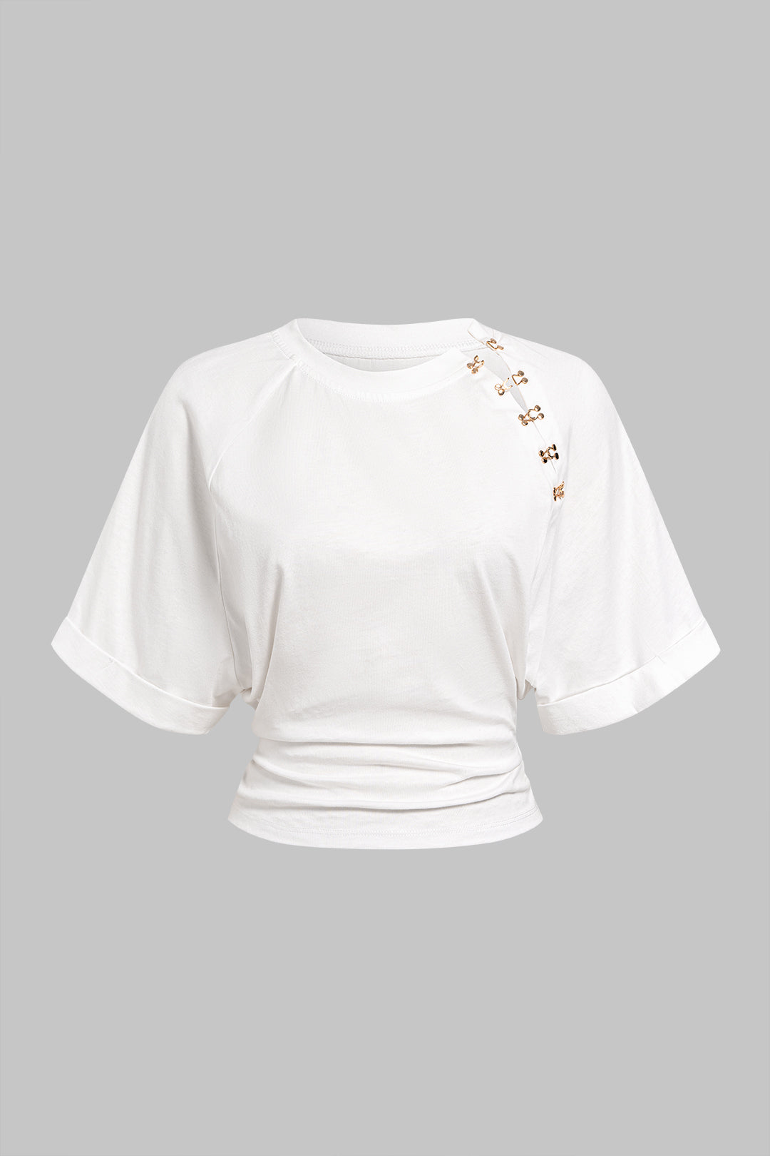 Metallic Buckle Round Neck Short Sleeve T-Shirt