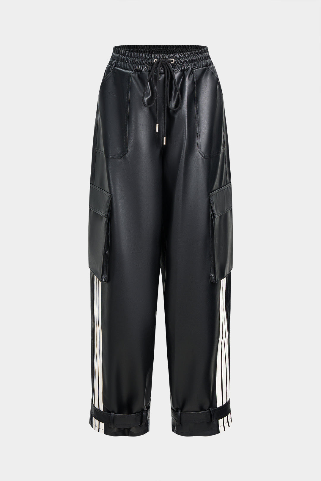 Faux Leather Shirred Waistband Drawstring Wide Leg Pants
