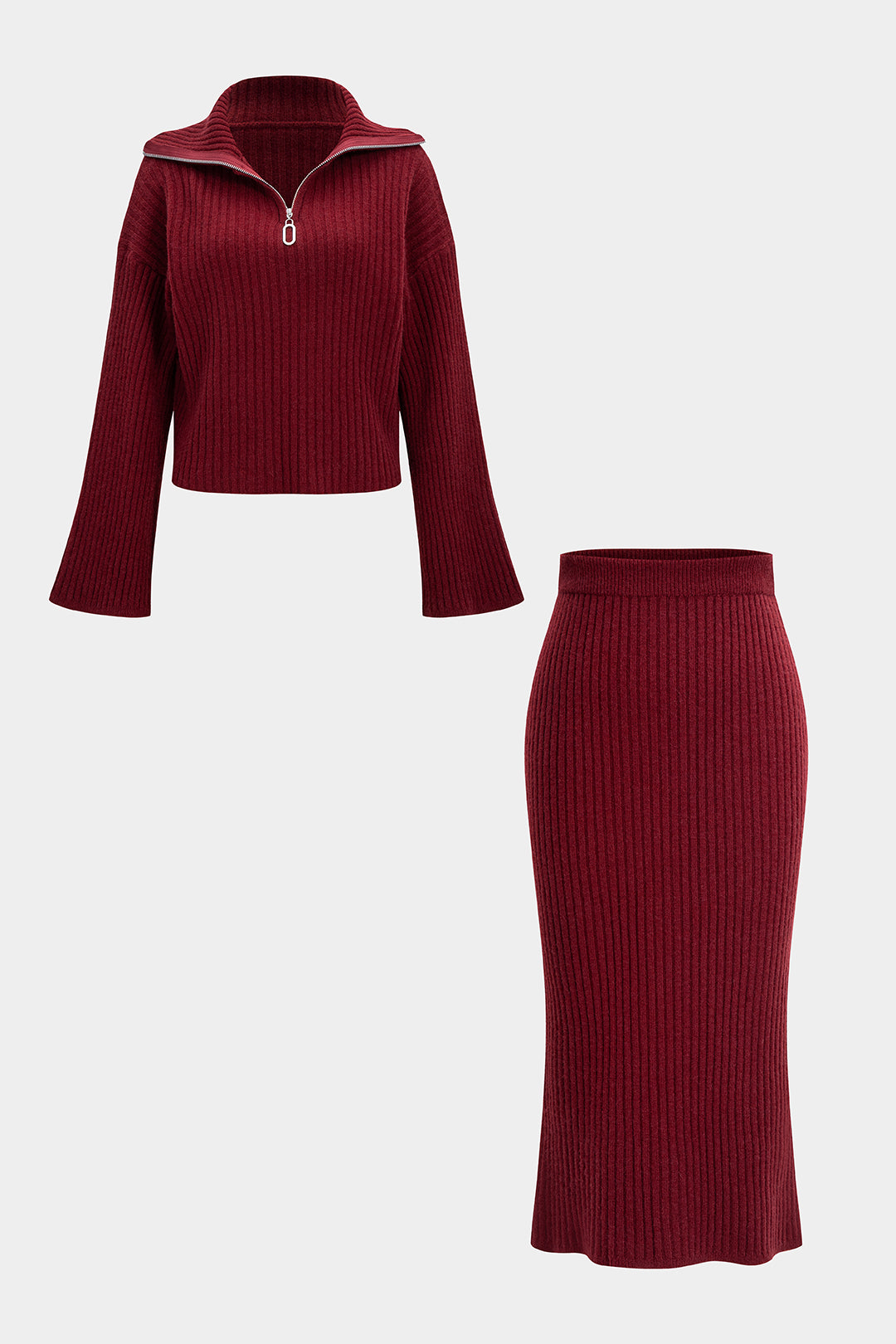 Knit Ribbed Zipper Collar Long-Sleeve Top And Skirt Set