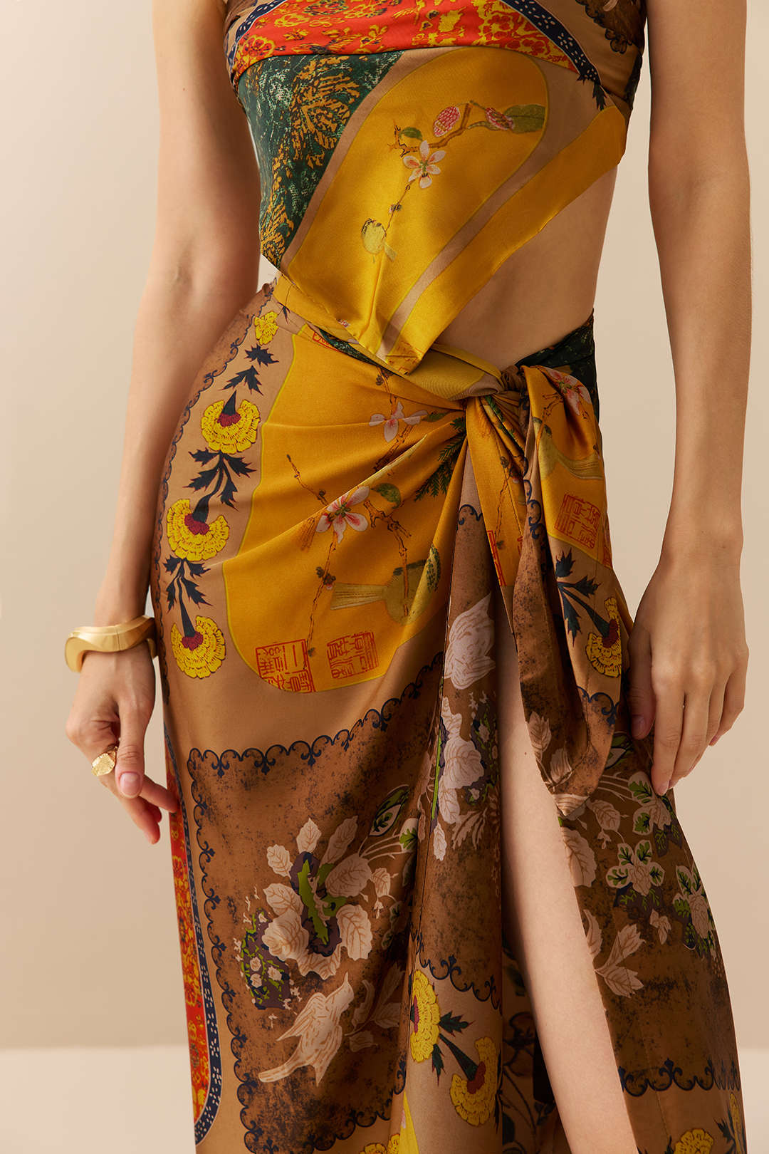 Retro Print Satin Tie Front Skirt