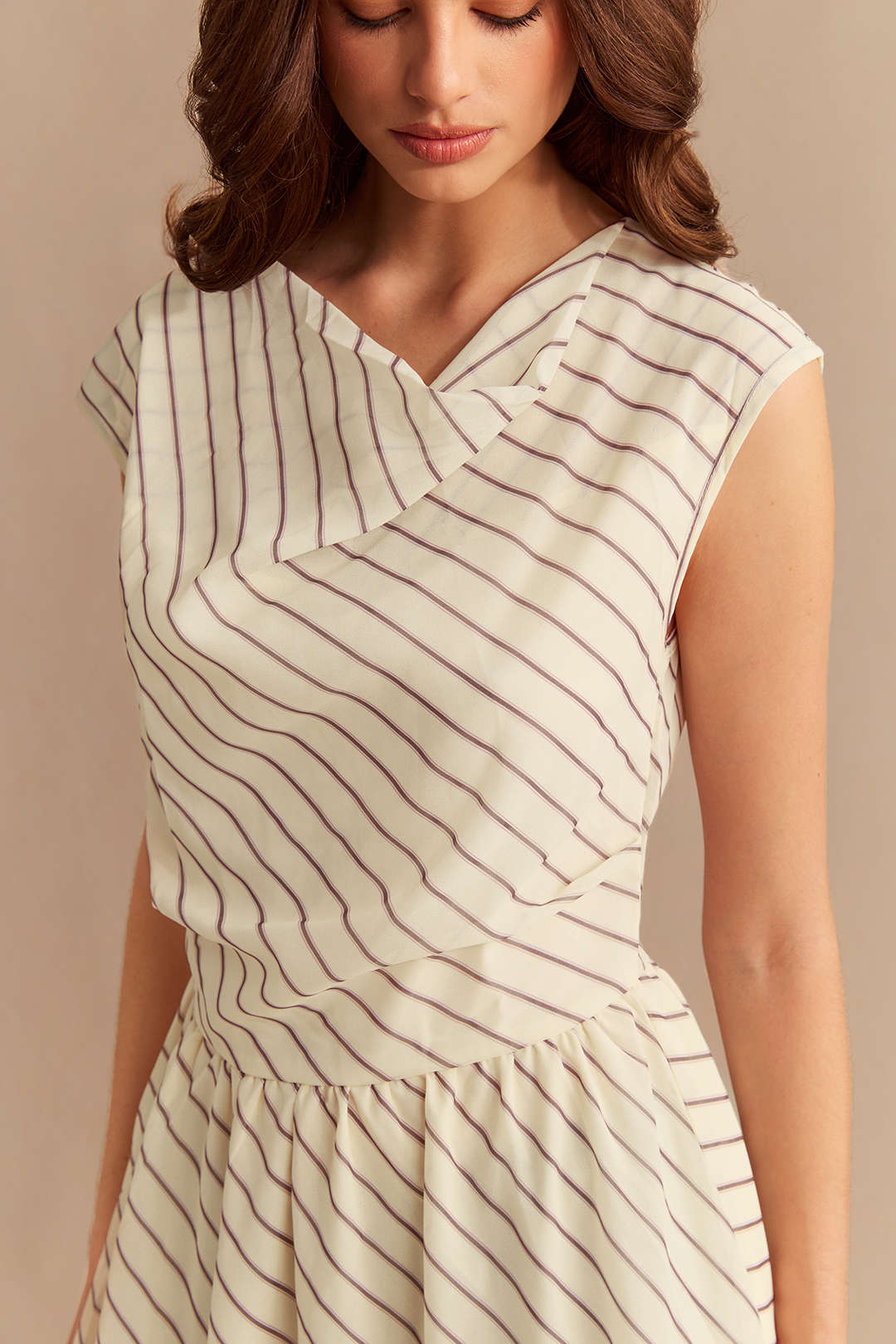 Stripes Print Chiffon Draped Cowl Neck Sleeveless Maxi Dress