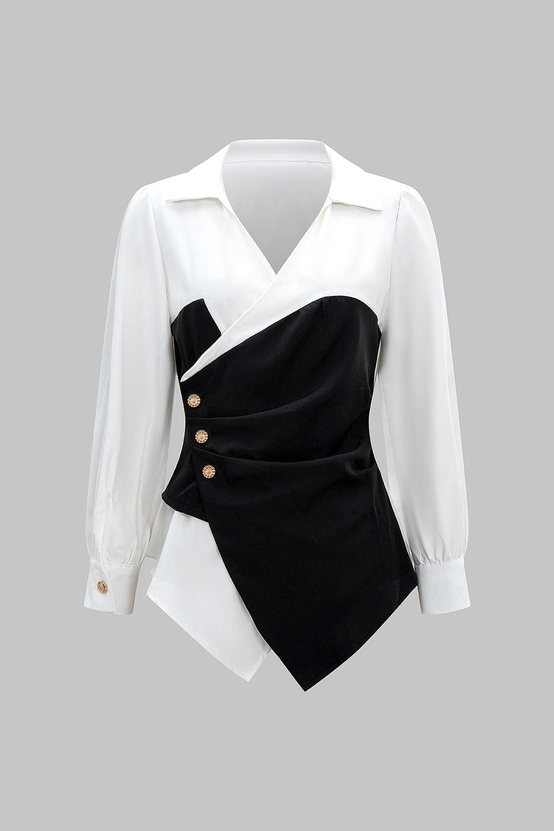 Metallic Decor Contrast Pleated V-Neck Long-Sleeve Shirt