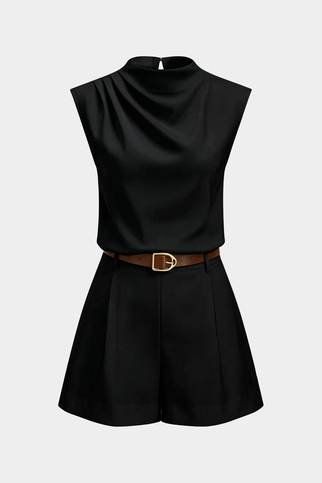 Solid Ruched Tank Top And Belted Wide Leg Shorts Set
