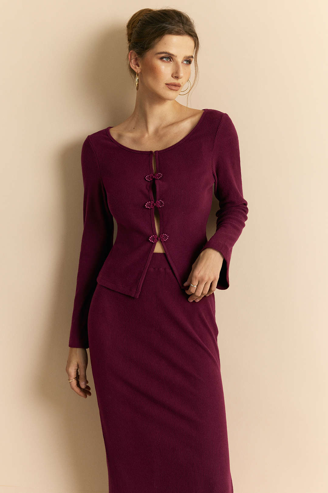 Knit Frog Button Long-Sleeve Top And Skirt Set