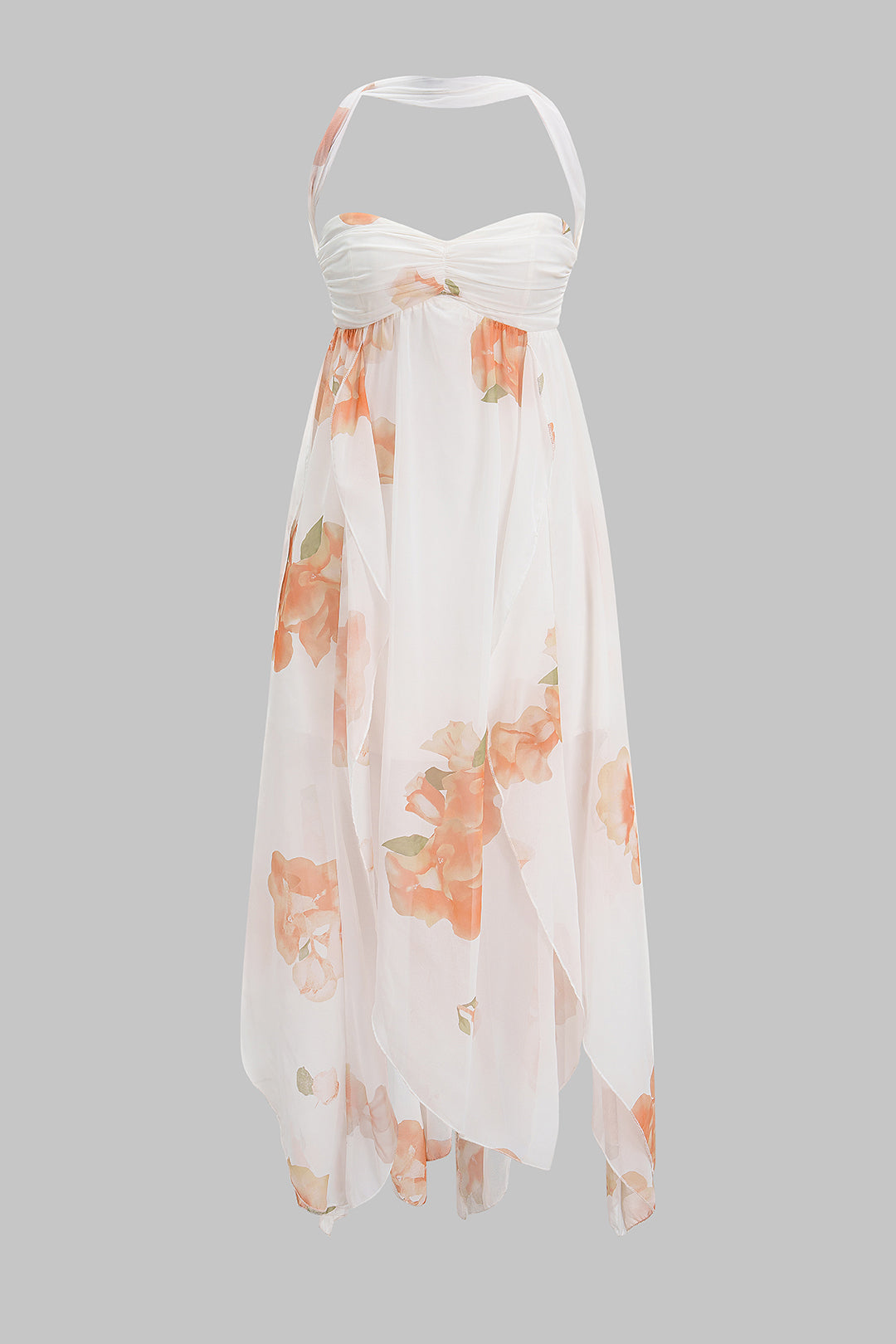 Robe longue sans manches à imprimé floral, col montant, dos nu et ourlet asymétrique