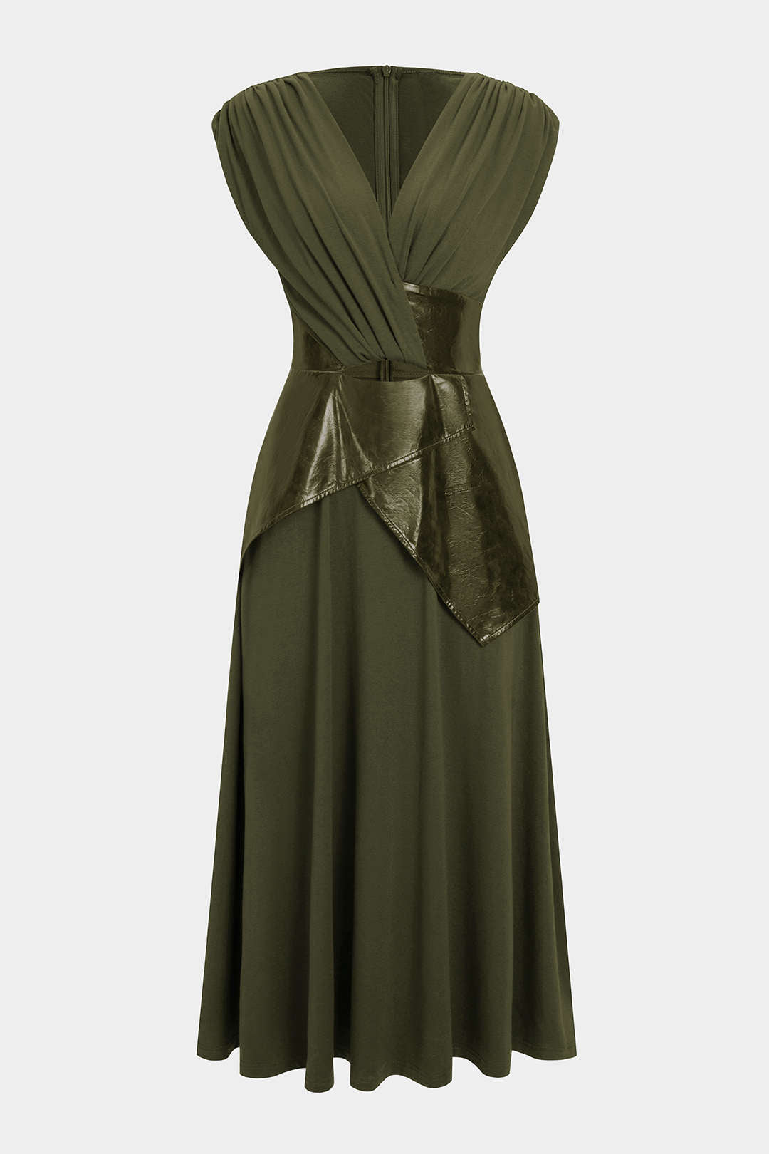 Faux Leather Patchwork Ruched Short-Sleeve Maxi Dress