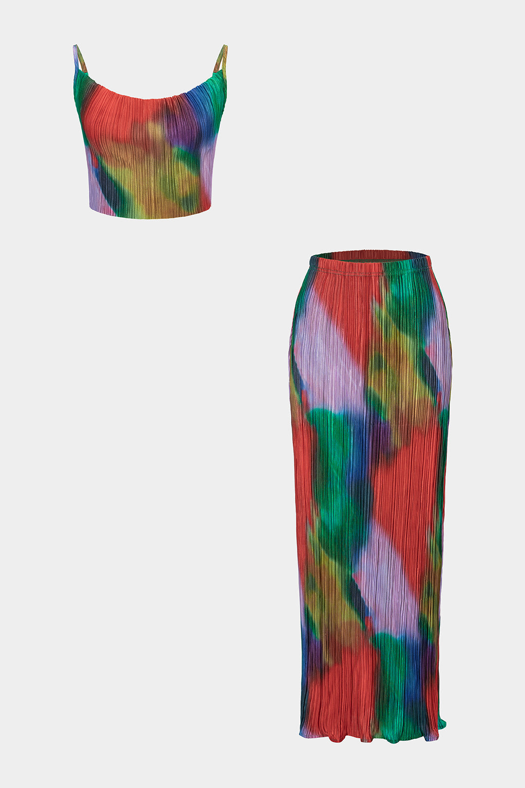 Tie-Dye-Print Plissiertes Satin Cami-Top mit Rundhalsausschnitt und Rock-Set mit Hoher Taille