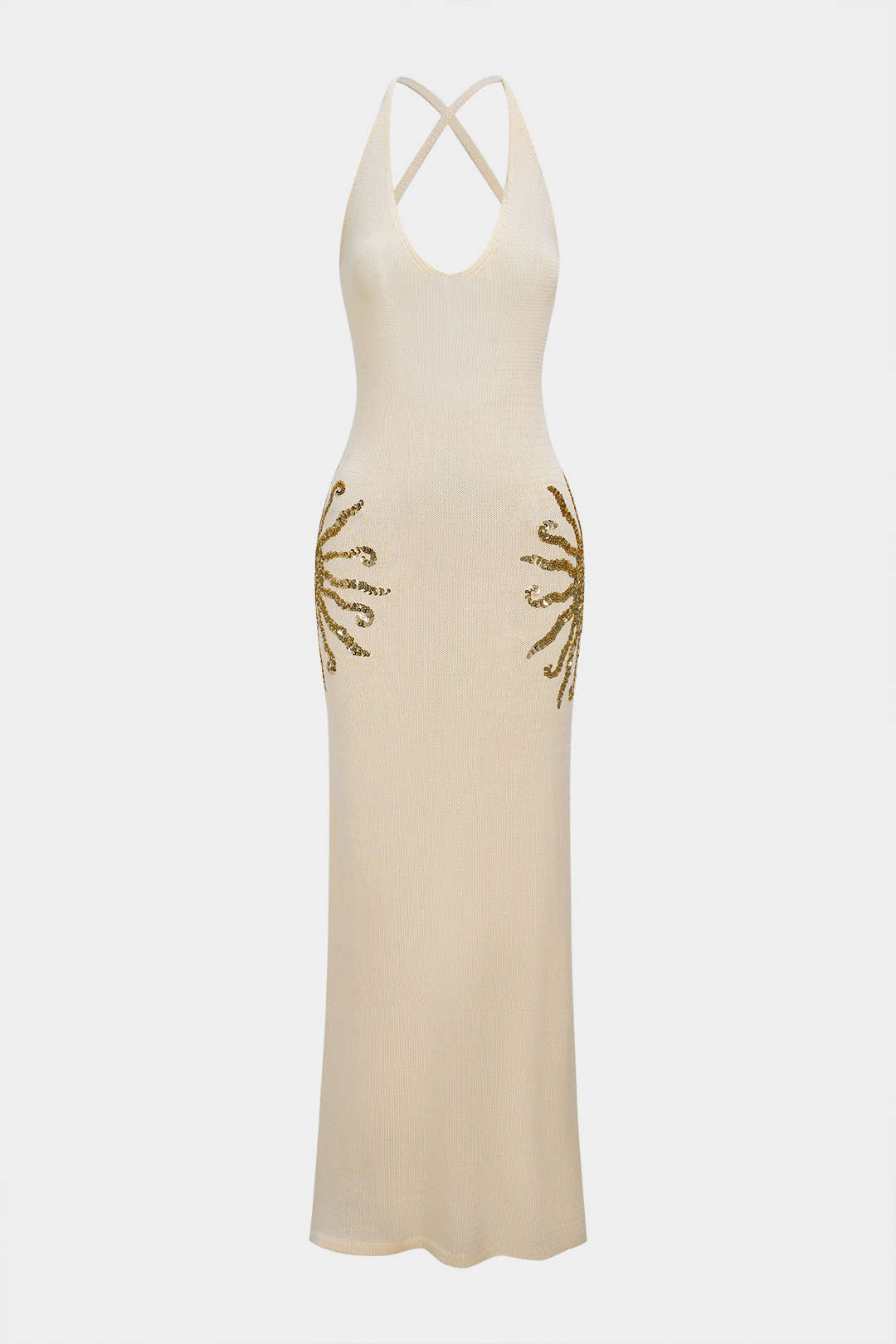 Strickkleid mit Pailletten, gekreuztem Rückenausschnitt und ärmellosem Maxikleid