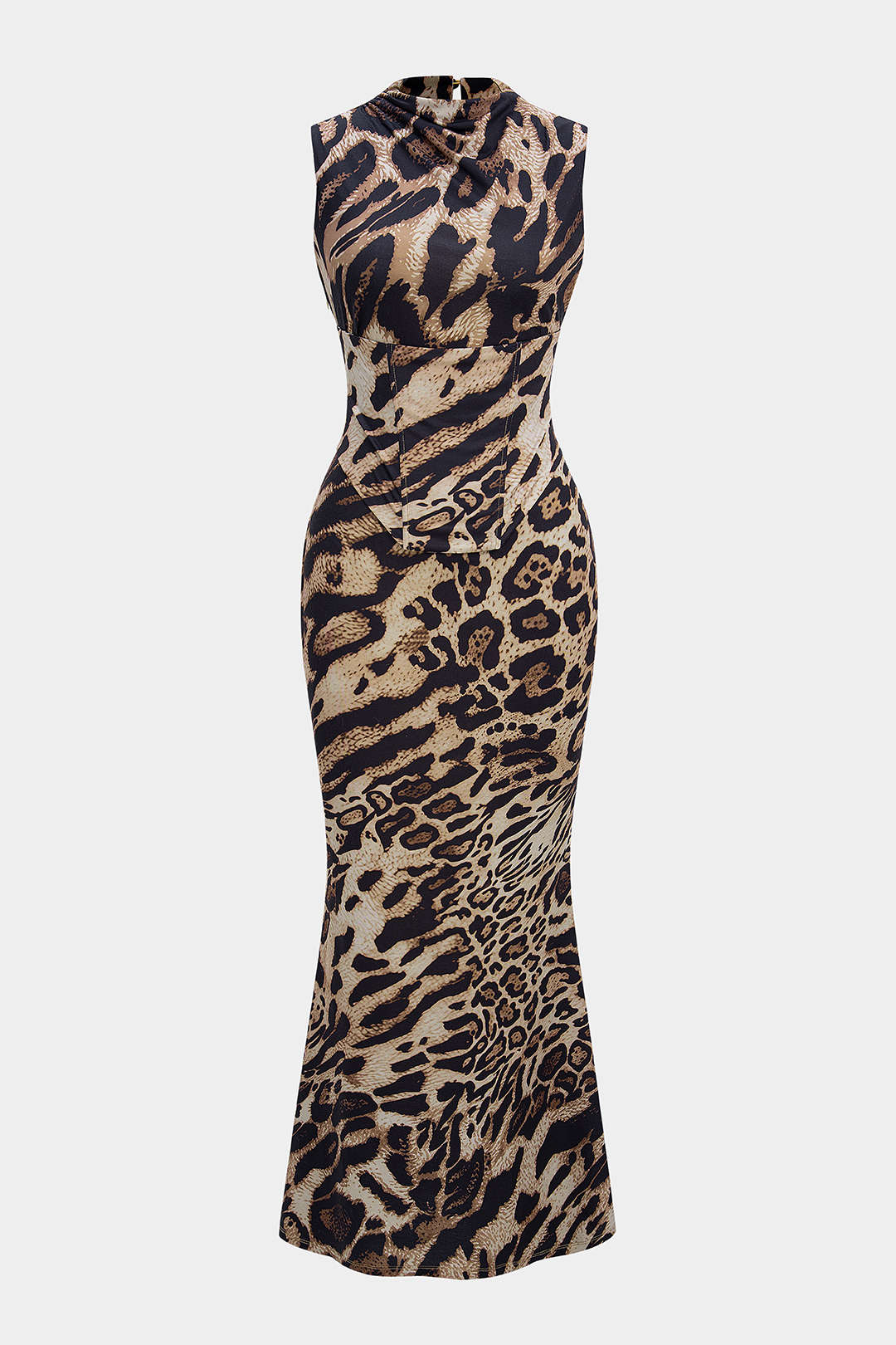 Maxikleid mit Leopardenmuster, Stehkragen, Neckholder und Korsett-Oberteil