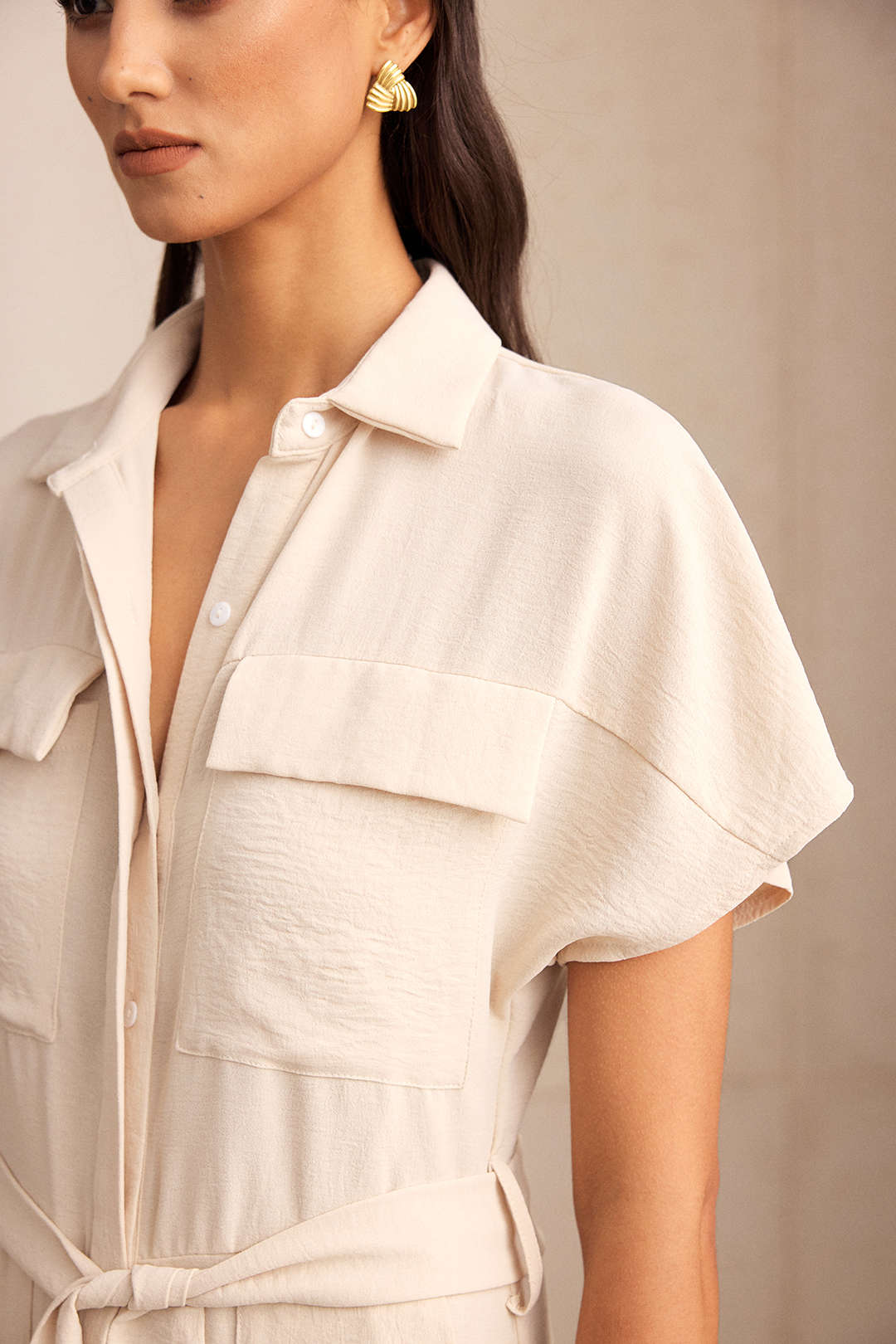 Lapel Tie-Up Pocket Short Sleeve Jumpsuit