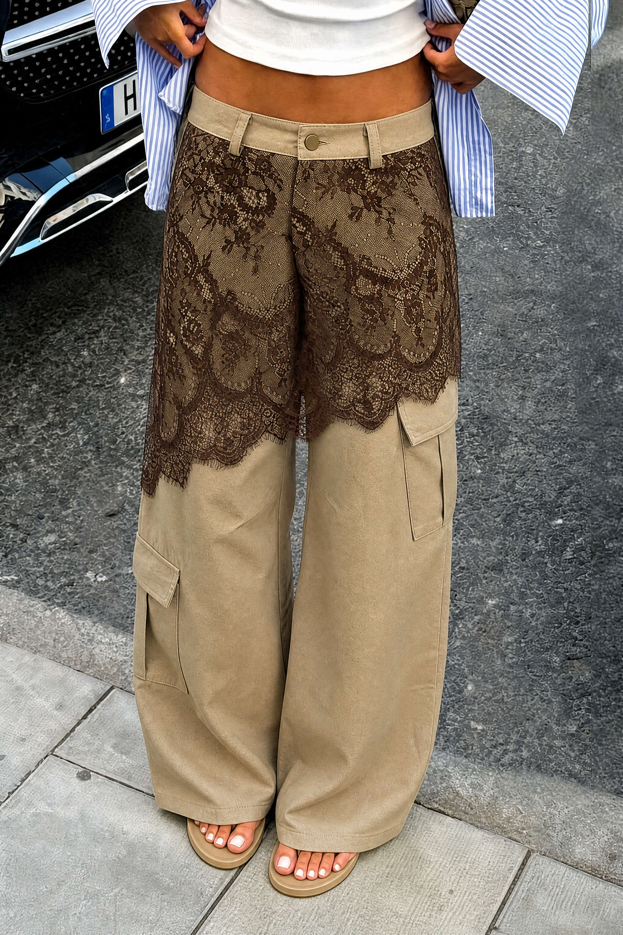 Hose mit Spitzenbesatz, Patchwork, asymmetrisch, hoher Taille und weitem Bein