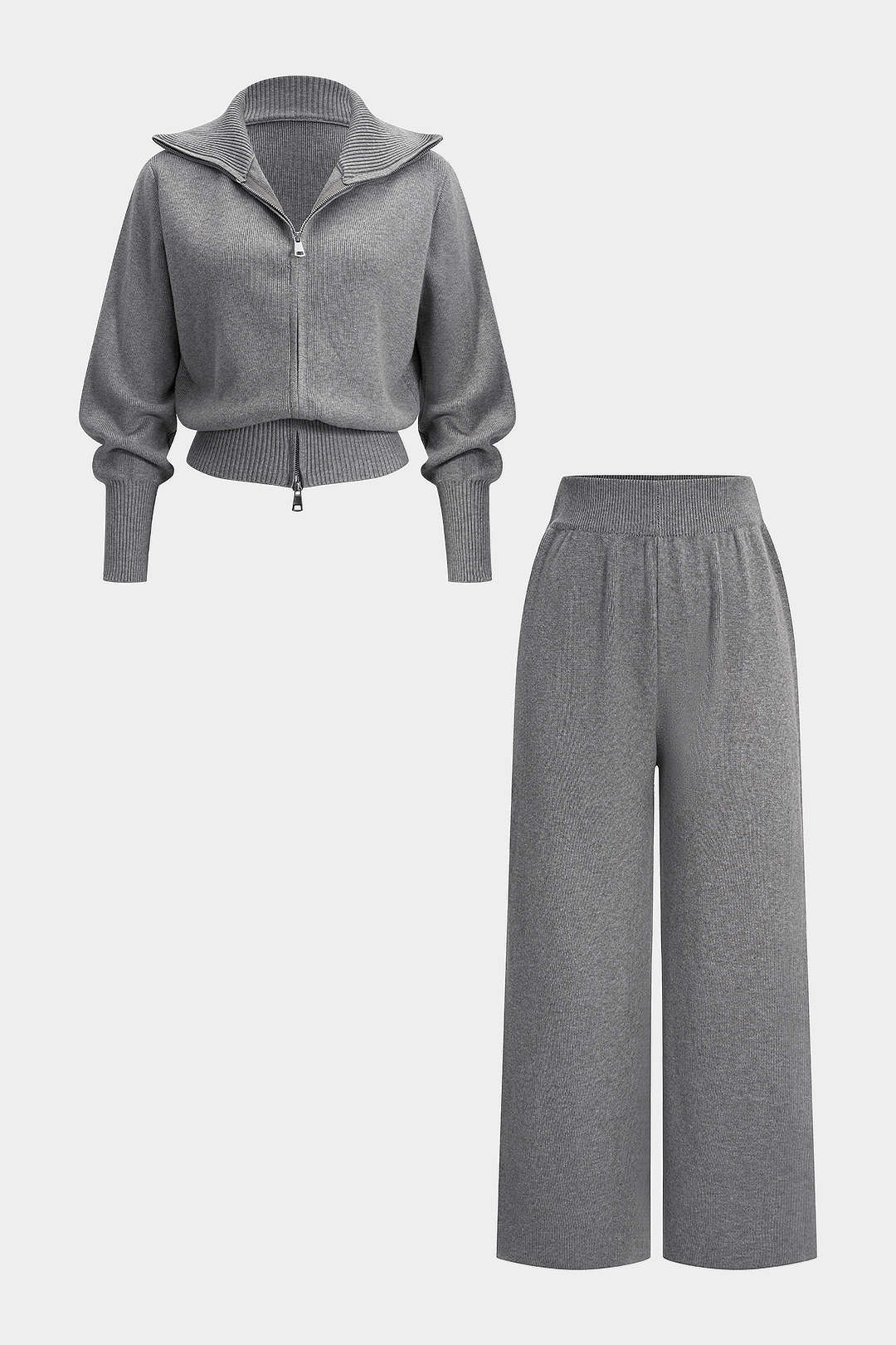 Knit Zipper Long-Sleeve Hoodie And Shirred Waistband Zipper Wide Leg Pants Set