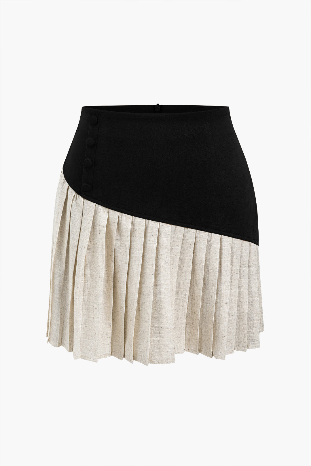 Linen Button Patchwork Pleated Skirt