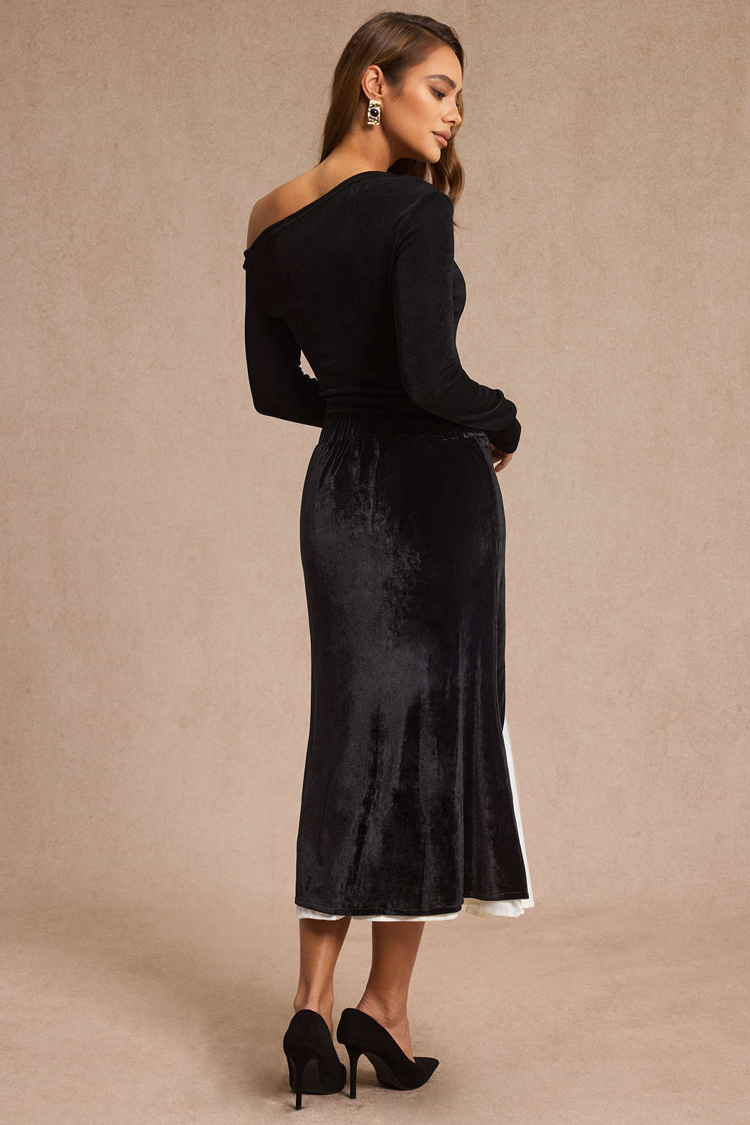 Velvet Patchwork Asymmetrical High Waist Skirt