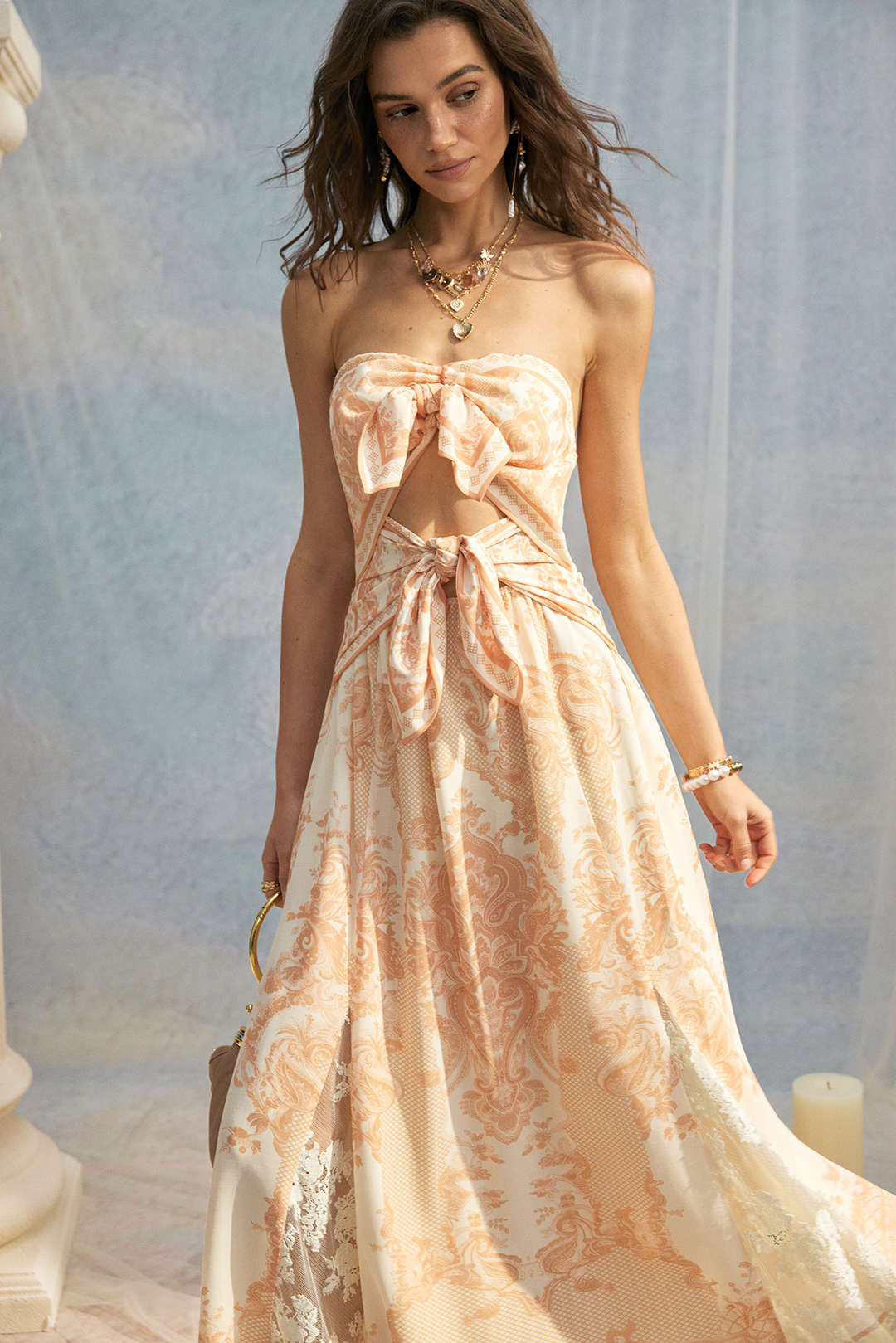 Bohemian Print Lace Patchwork Knotted Cut Out Strapless Midi Dress