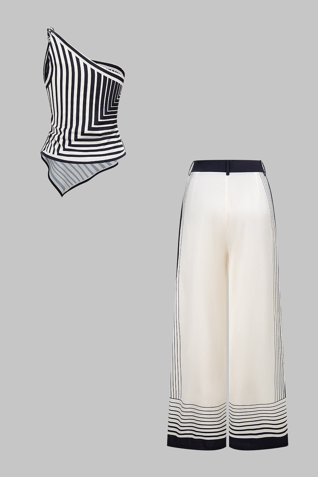 Stripe Contrast Print Satin Ein-Schulter-Twist-Knoten-Oberteil und High-Waist-Weite-Bein-Hosen-Set