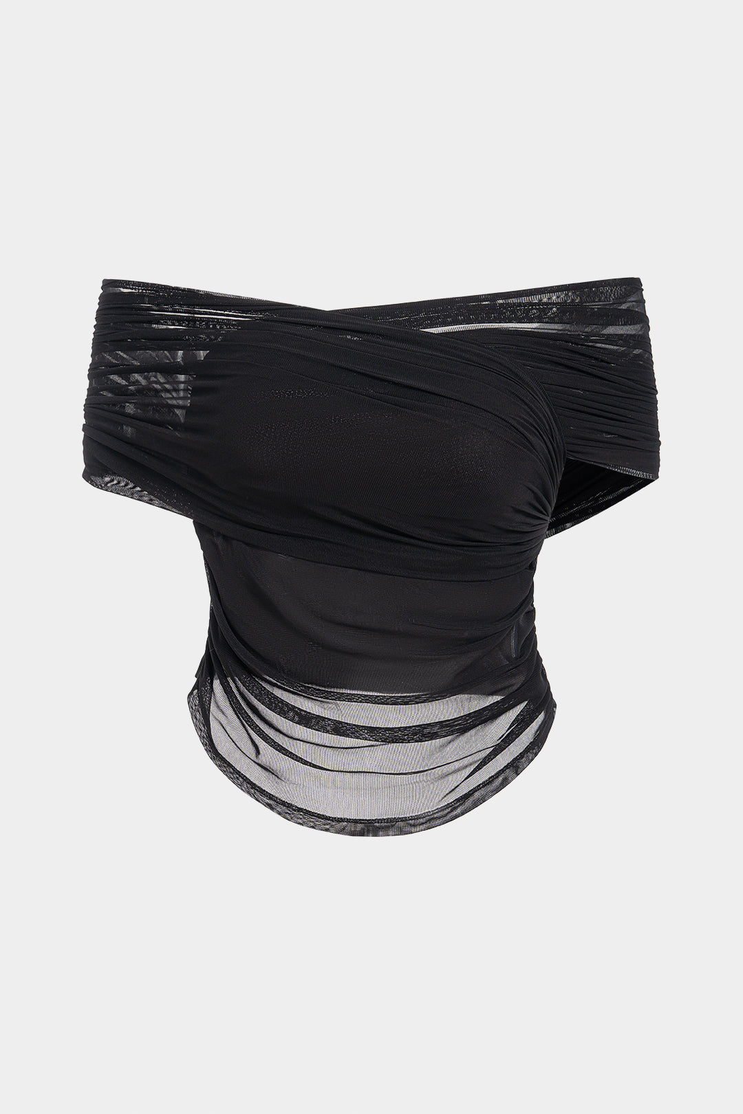 Mesh Patchwork Off Shoulder Crossed Ruched Short Sleeve T-Shirt