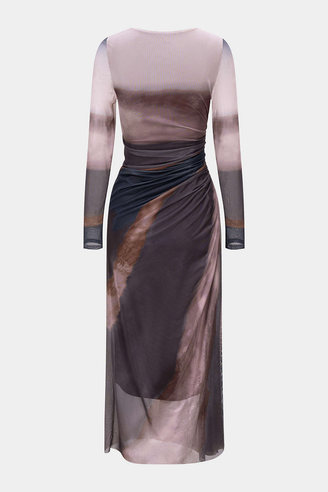 Mesh-Maxikleid mit Batikmuster, gerafftem Oberteil und langen Ärmeln