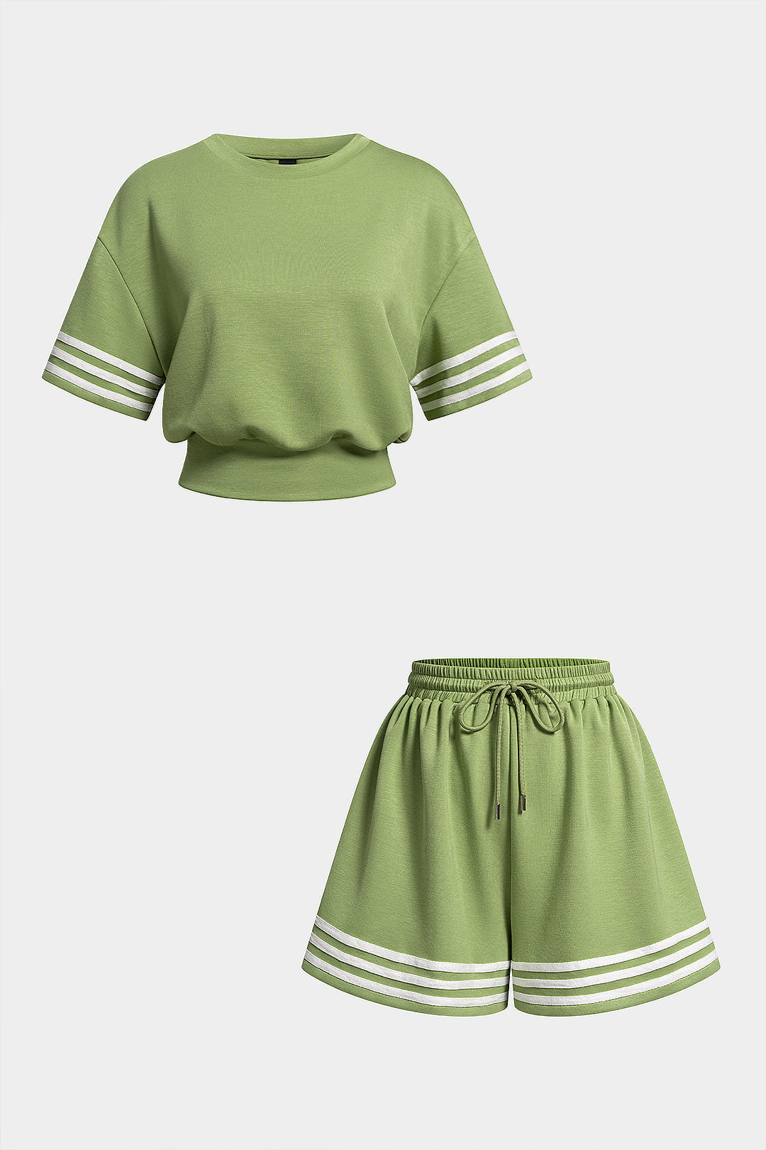 Striped Round Neck Short Sleeve T-Shirt And Drawstring Tie-Up Shorts Set