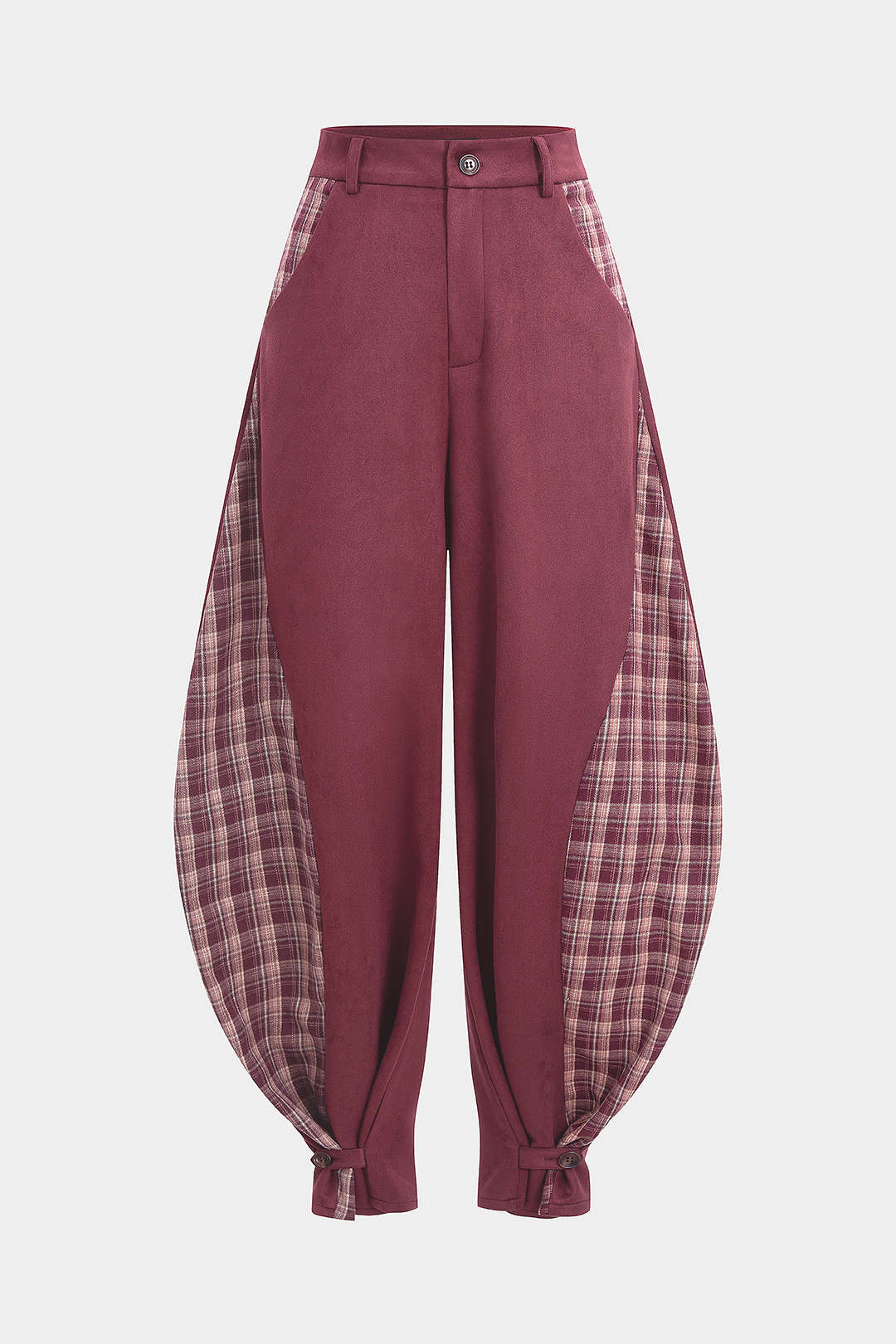 Hose mit Karodruck und Wildleder-Patchwork