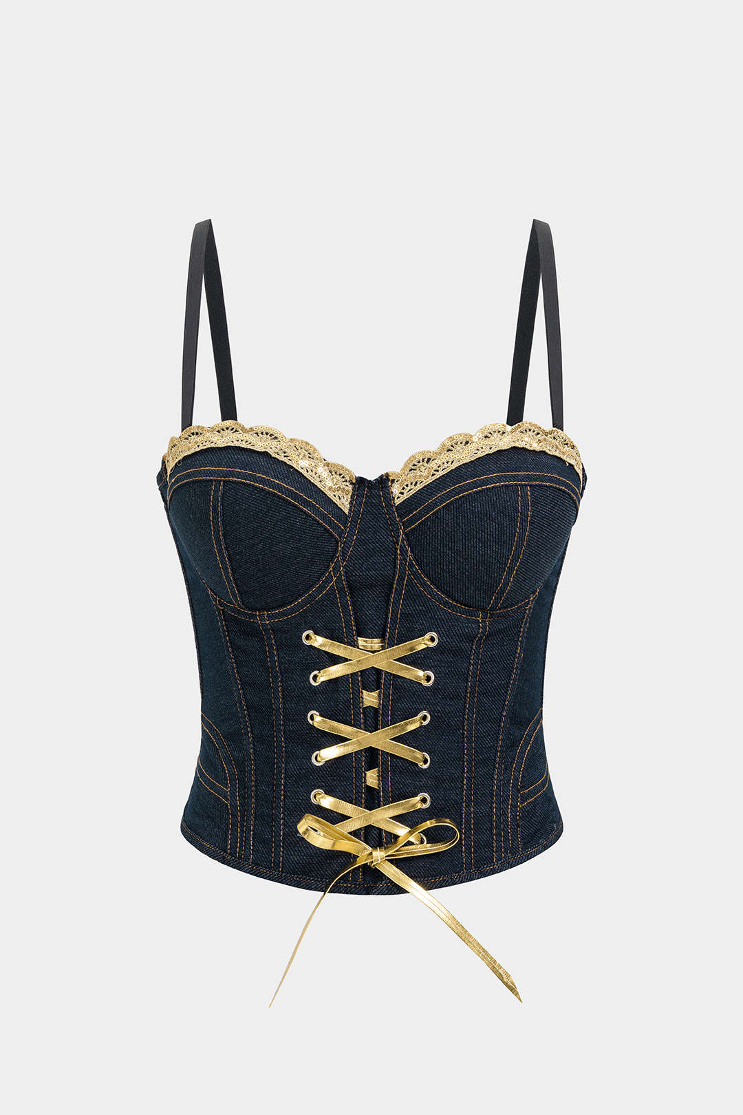 Denim Patchwork Lace Trim Tie-Up Corset Cami Top