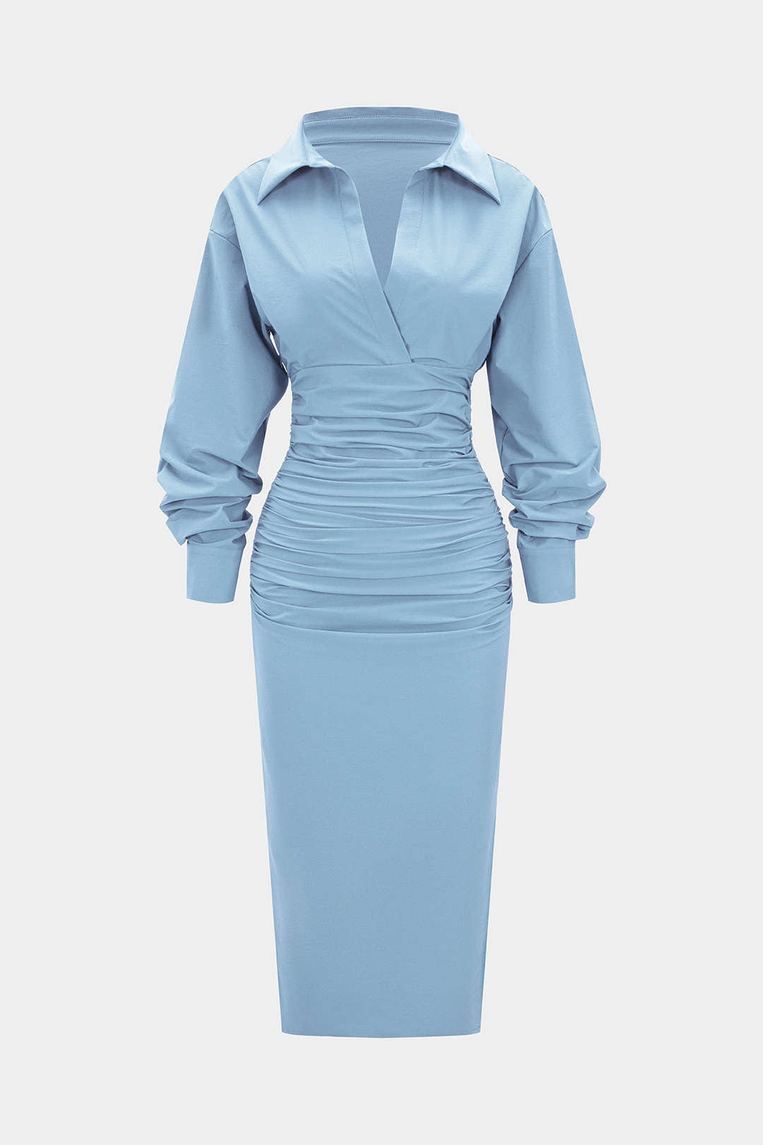 Einfarbiges gerafftes Langarm-Midikleid
