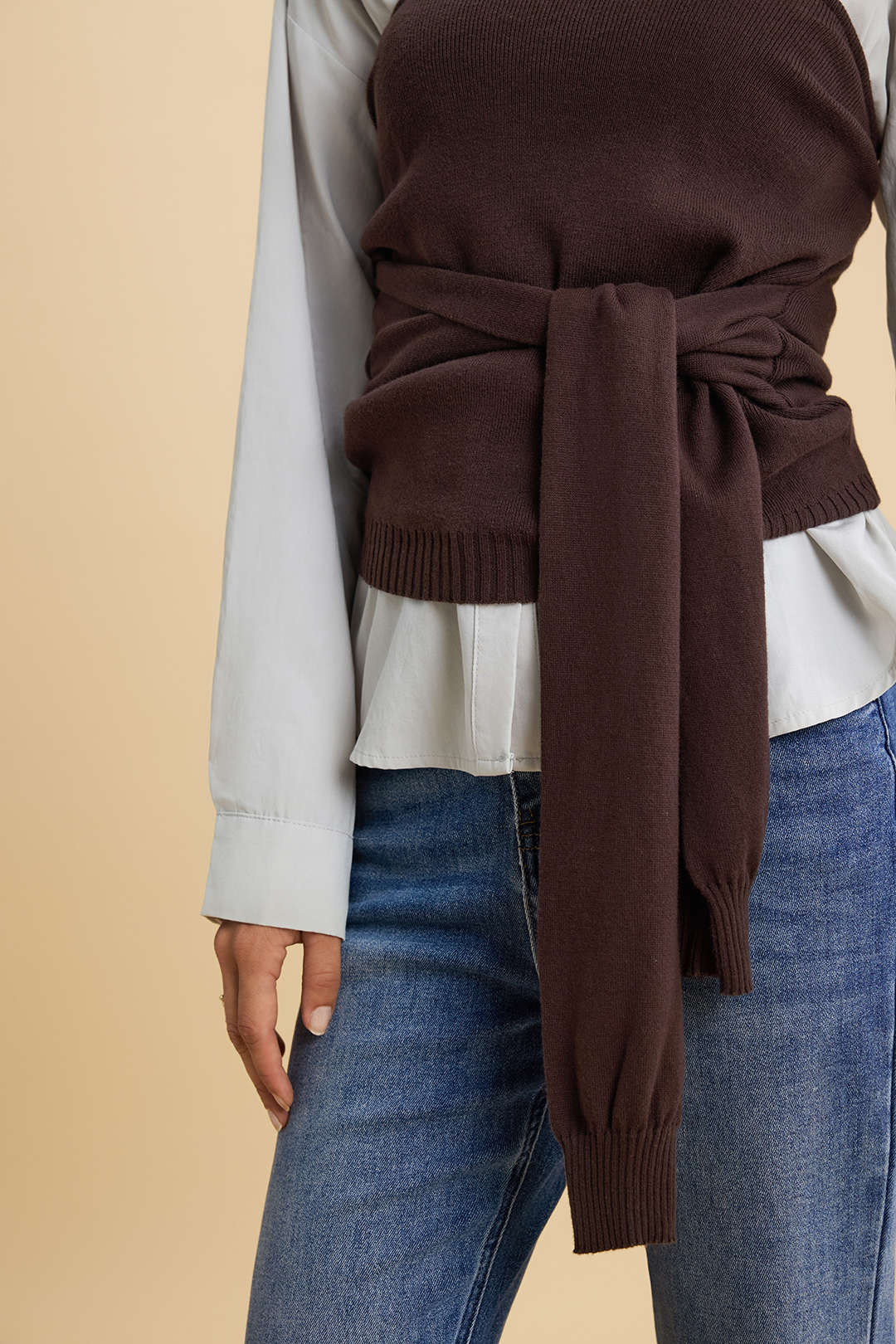Solid Patchwork Knit Tie-Front Long-Sleeve Shirt