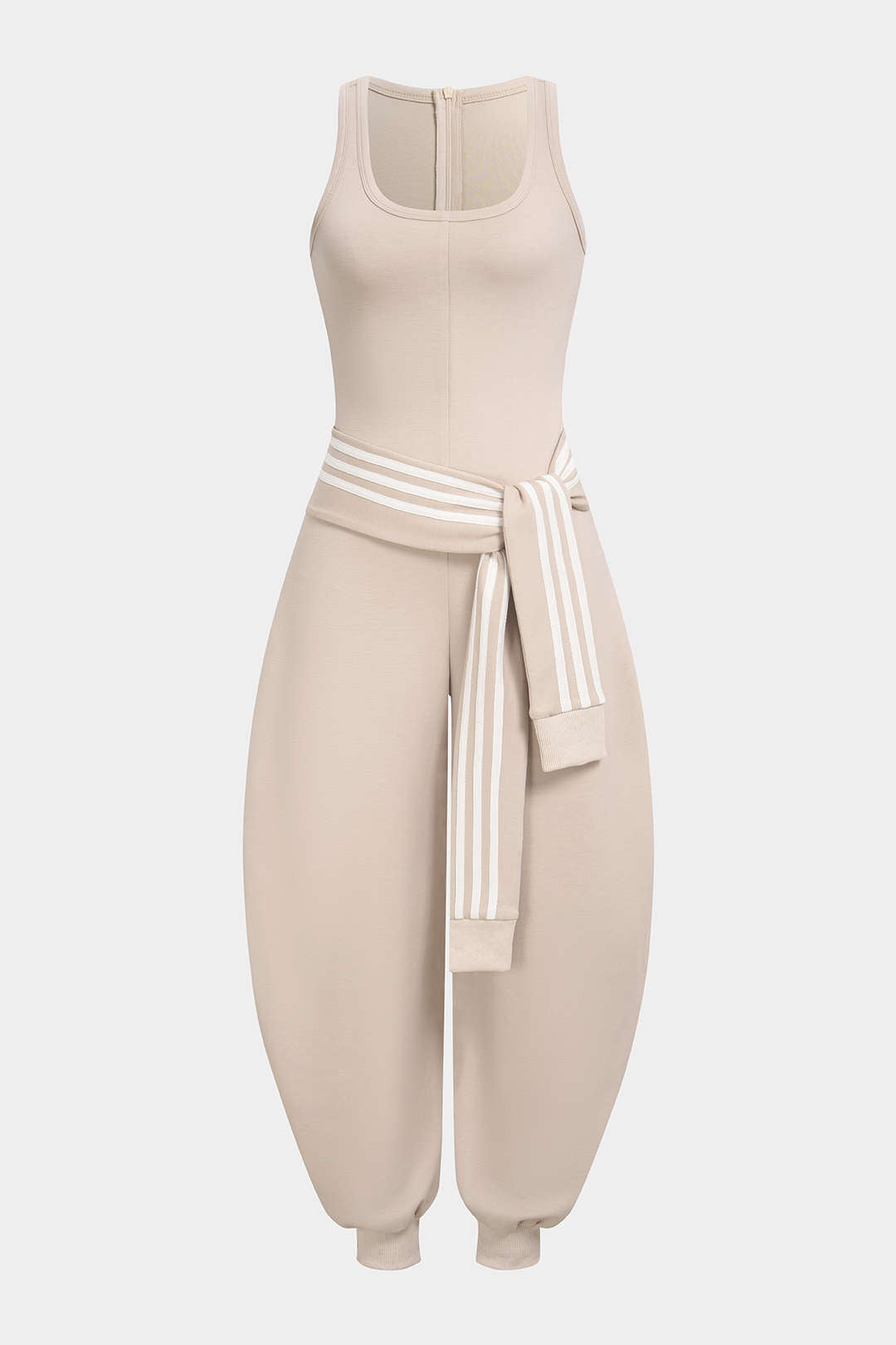 U-Neck Contrast Striped Tie-Up Zipper Barrel Jumpsuit