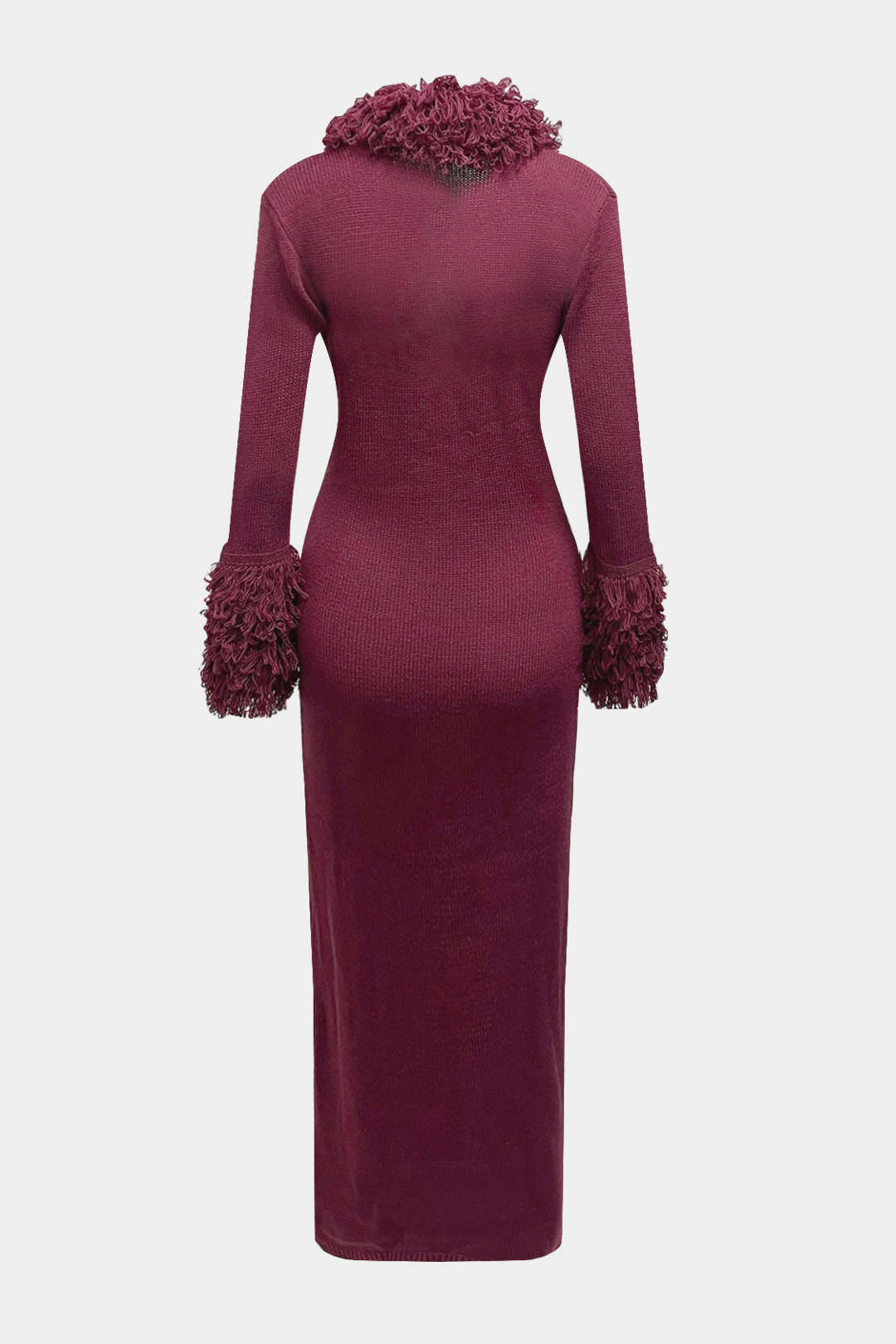 Knit Fringe Trim Deep V-Neck Long Sleeve Maxi Dress