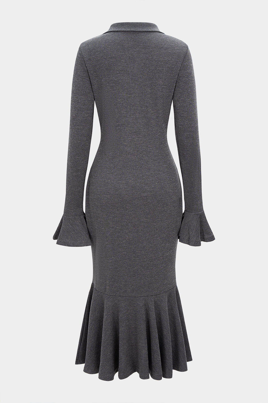 Midi-Kleid mit Revers, Rüschensaum und ausgestellten Ärmeln