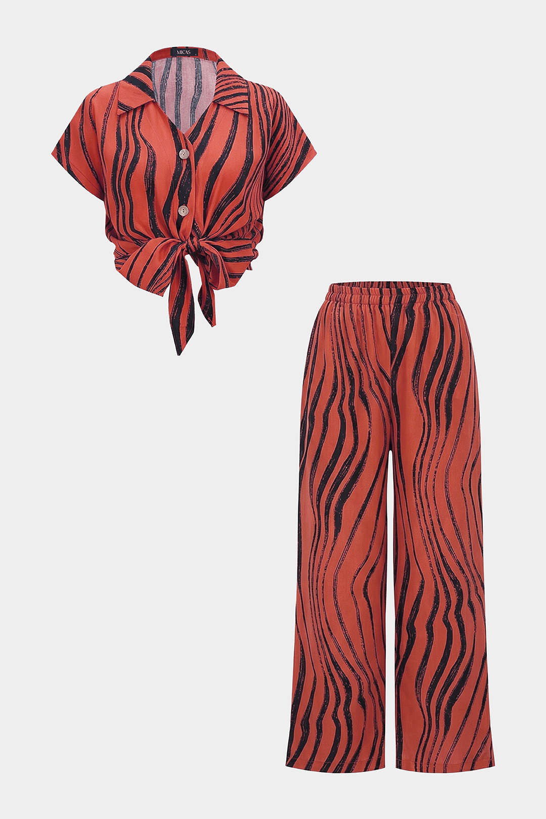 Contrast Stripes Print Button Shirt And Wide Leg Pants Set