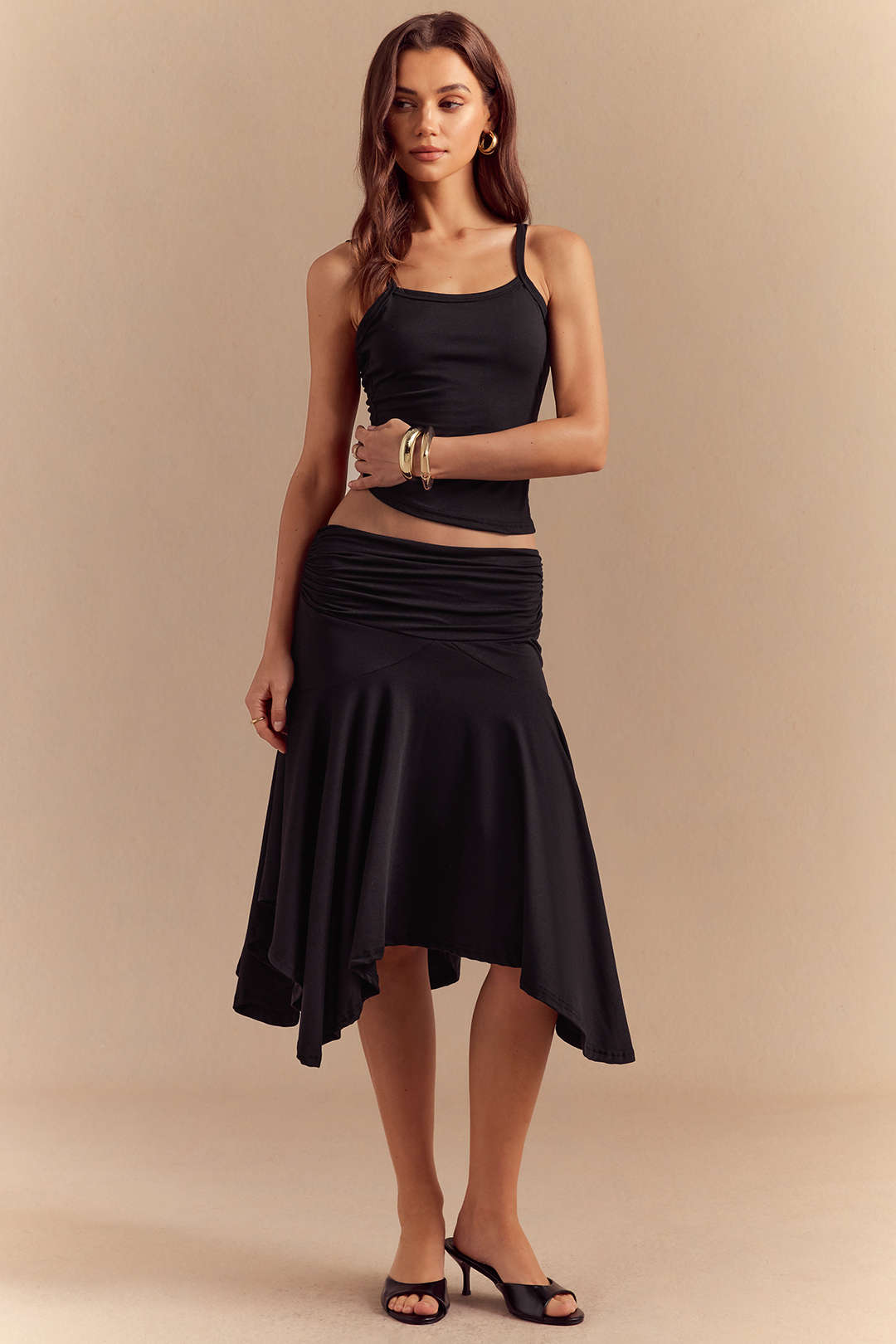Solid Cami Top And Asymmetrical Hem Ruched Skirt Set