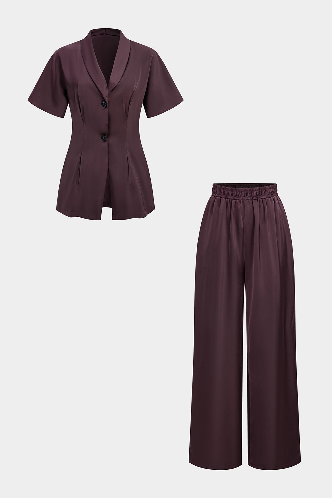Satin V-Neck Short-Sleeve Top And High-Waist Wide-Leg Pants Set