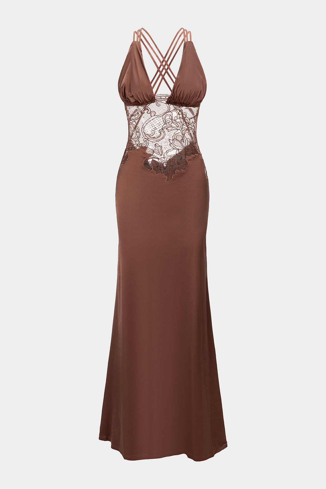 Robe longue à col en V en patchwork de satin et dentelle transparente, dos nu croisé
