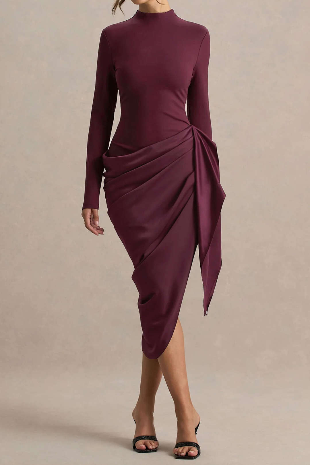 Satin Patchwork Ruched Asymmetrical Long Sleeve Midi Dress