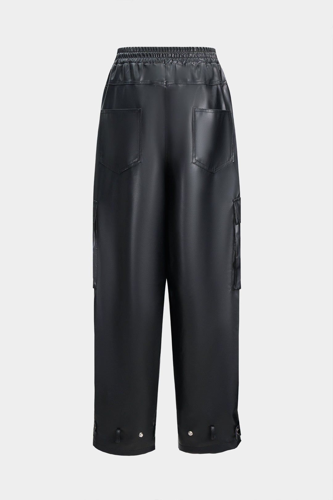 Faux Leather Shirred Waistband Drawstring Wide Leg Pants