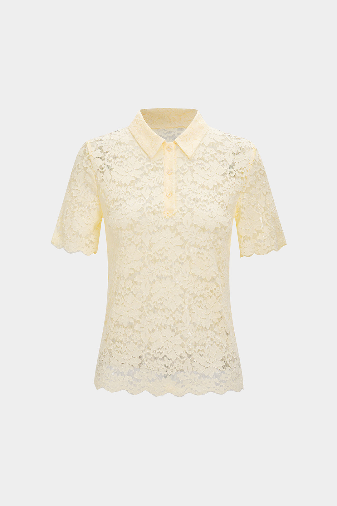 Haut en maille ajourée à col polo et manches courtes, patchwork floral en dentelle