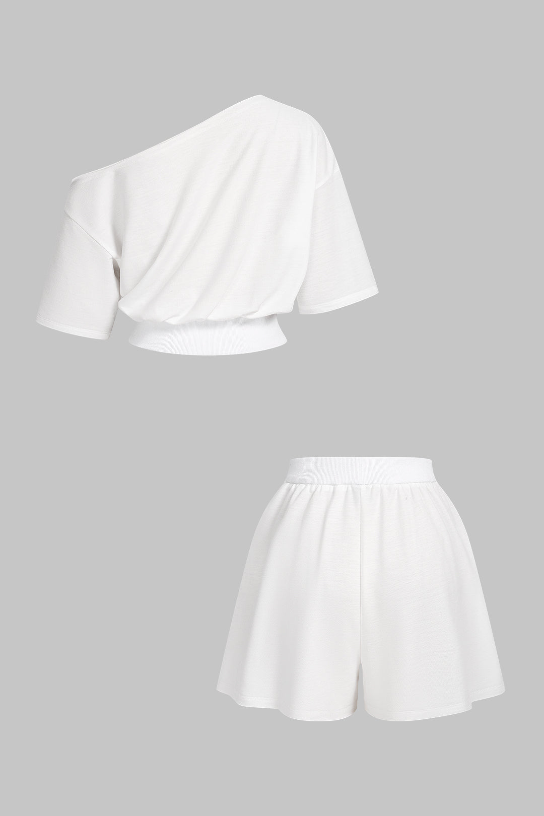 Einfarbiges, schulterfreies Kurzarm-T-Shirt und weit geschnittene Shorts-Set