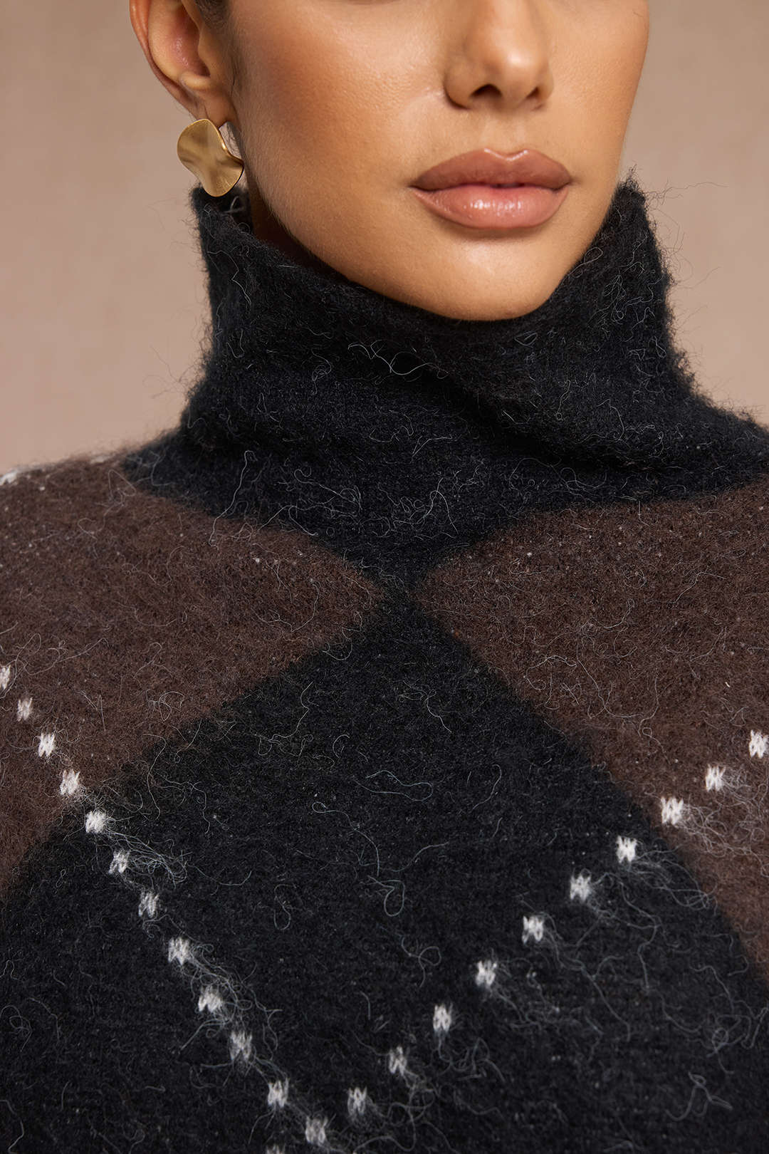 Knit Argyle Print High Neck Long-Sleeve Top