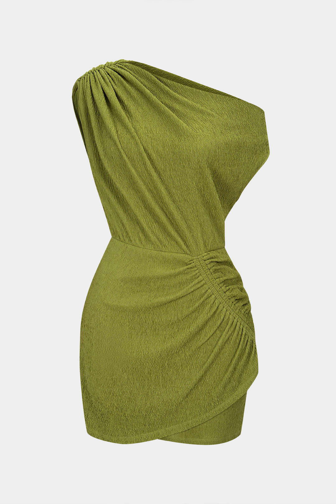 Einärmeliges asymmetrisches, gerafftes ärmelloses Minikleid