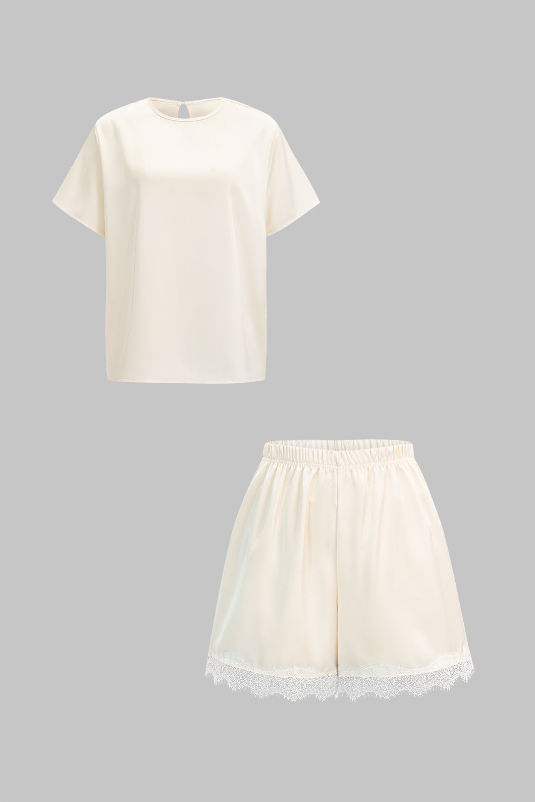 Satin-Rundhals-Kurzarm-T-Shirt und Patchwork-Spitzen-Shorts-Set