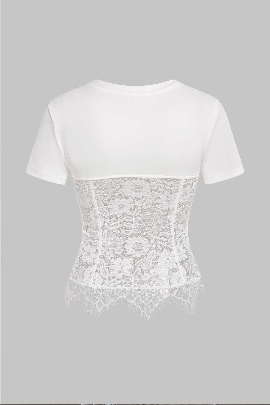 T-shirt à Manches Courtes Rondes avec Patchwork en Dentelle
