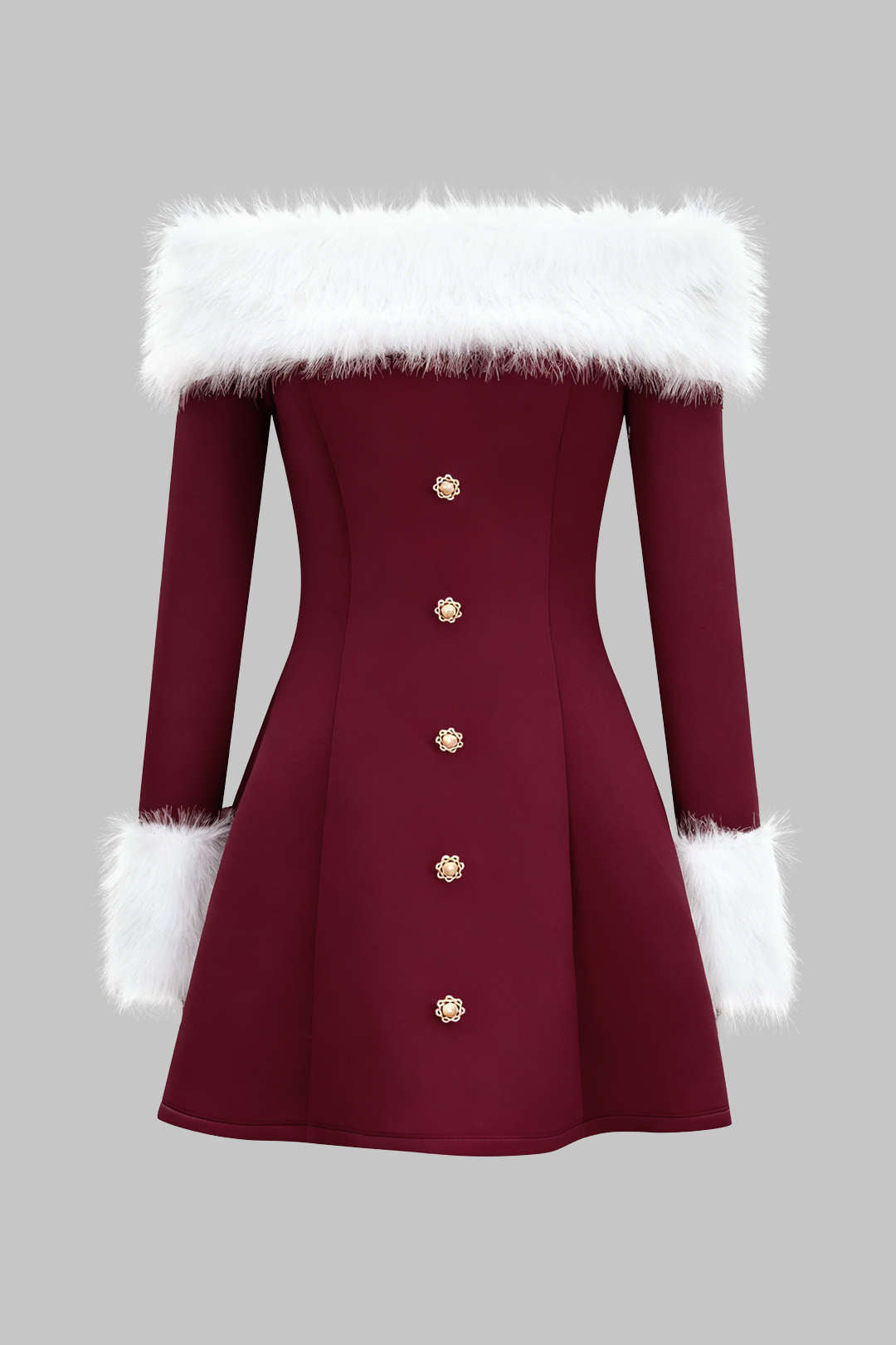 Mini-Kleid mit Pelzbesatz, Patchwork, schulterfrei, Knopfleiste und langen Ärmeln