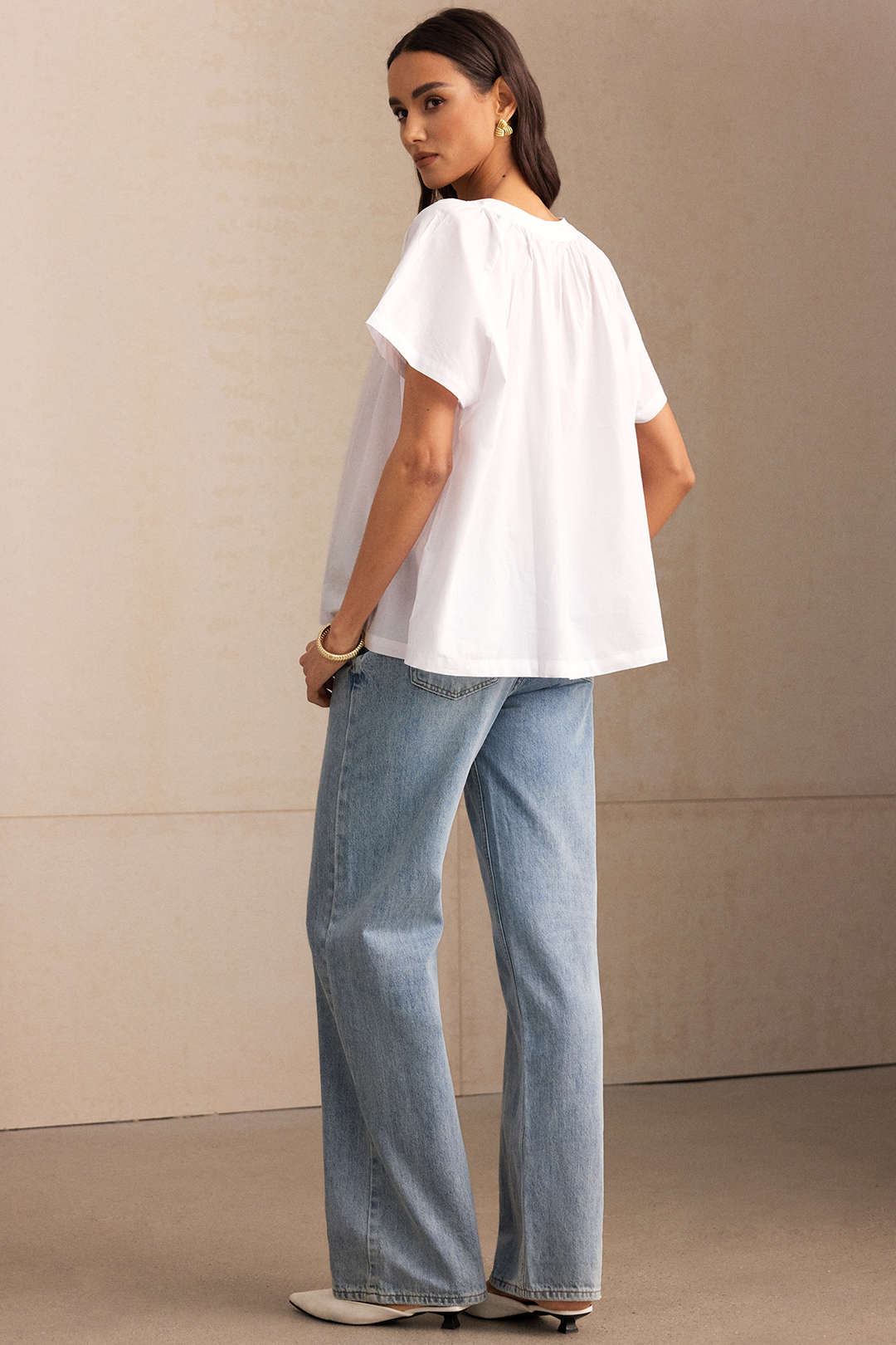 Round Neck Button Batwing Short-Sleeve Shirt