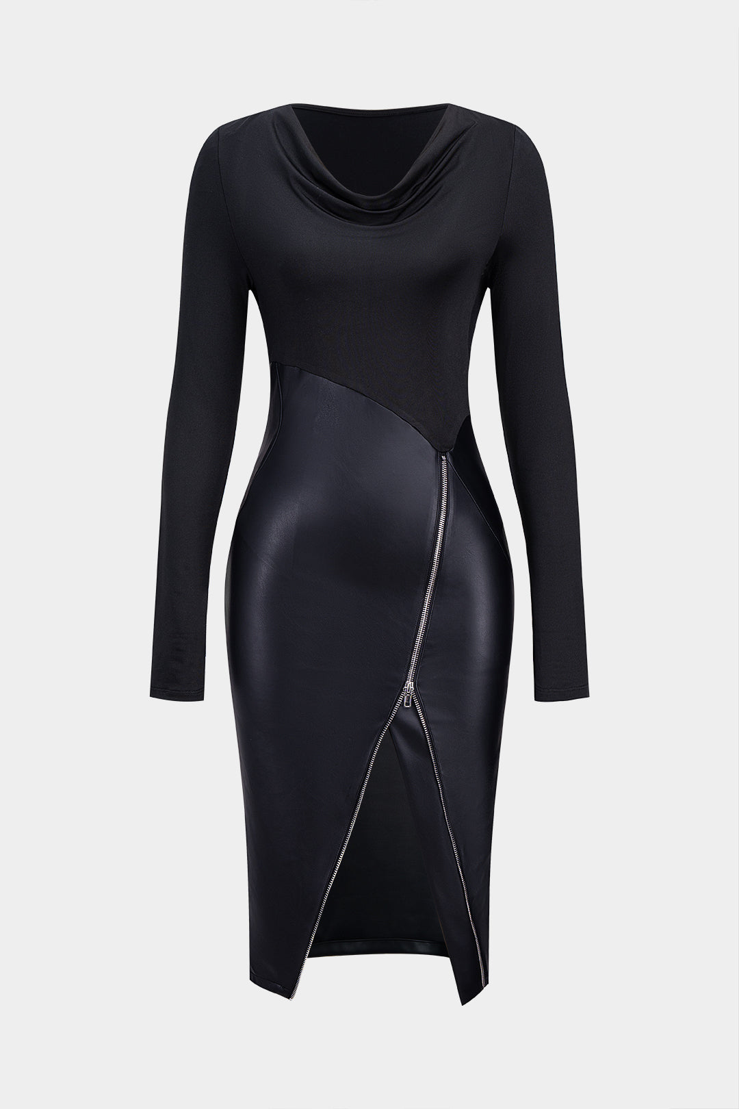 Faux Leather Cowl Neck Zipper Ruched Asymmetrical Long Sleeve Midi Dress