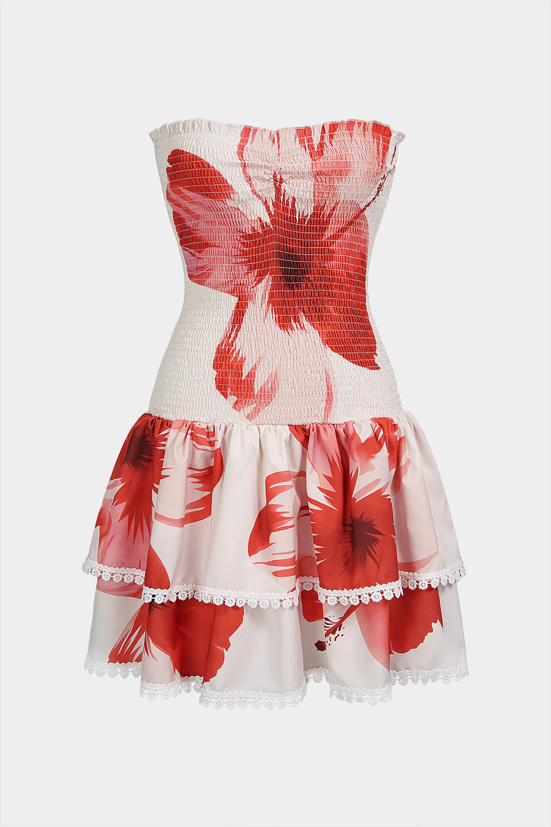 Floral Print Ruched Strapless Sleeveless Mini Dress