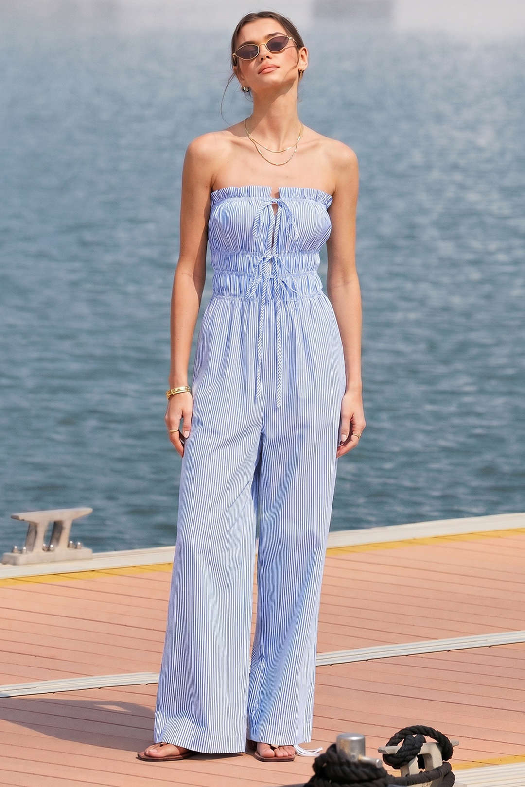 Stripes Print Scallop Edge Tie-Up Wide Leg Sleeveless Jumpsuit