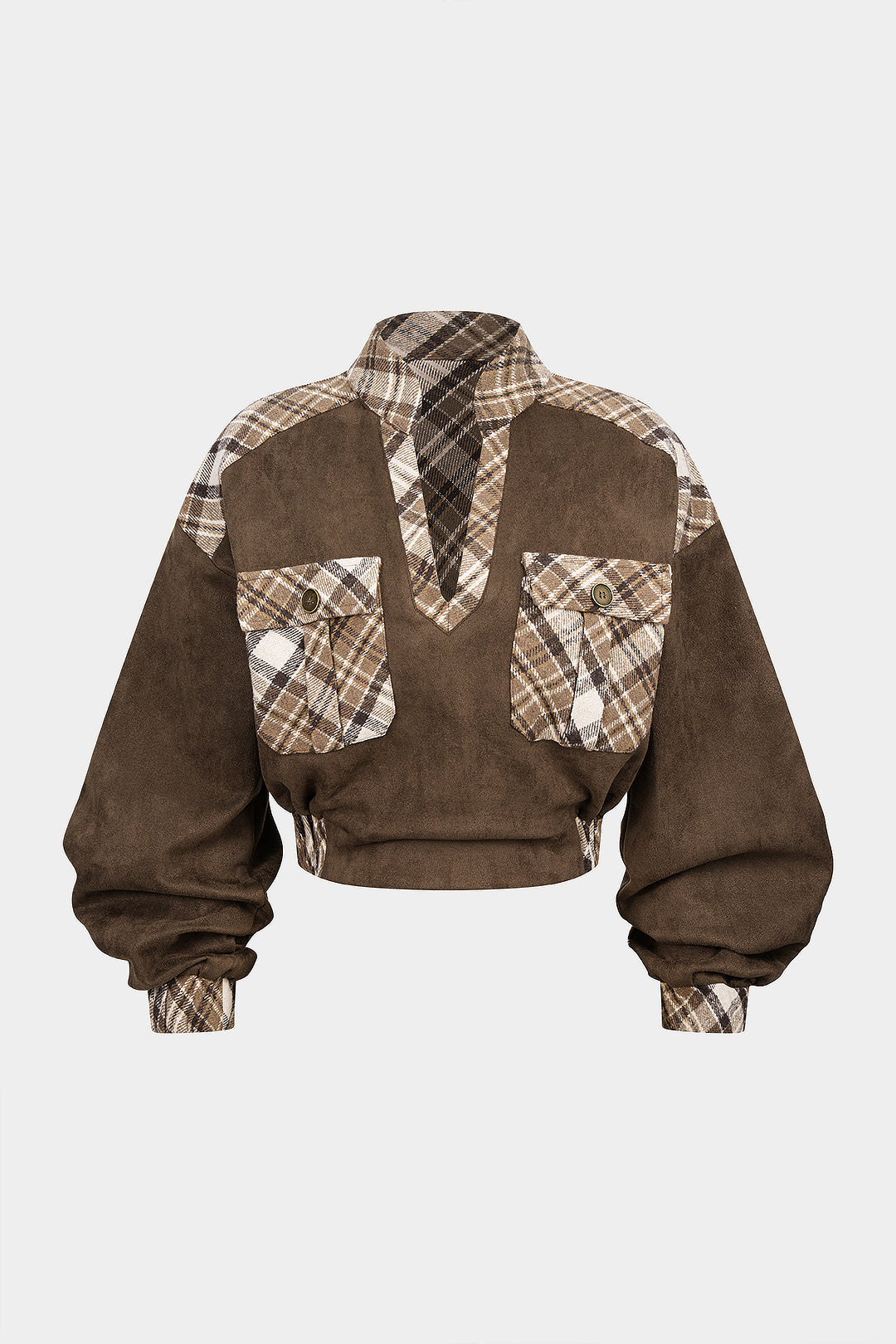 Plaid Color Block Print Suede V-Neck Pocket Sweatshirt