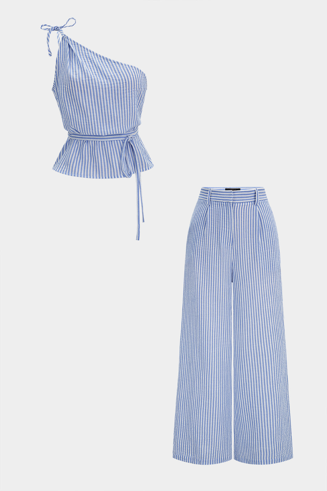 Stripes Print One-Shoulder Tie-Up Cami Top And High Waist Wide Leg Pants Set