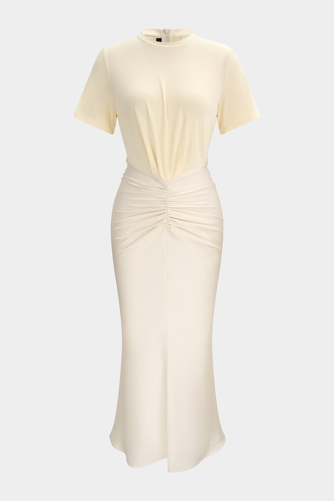 Patchwork Satin Maxikleid mit Rundhals, Raffungen und kurzen Ärmeln
